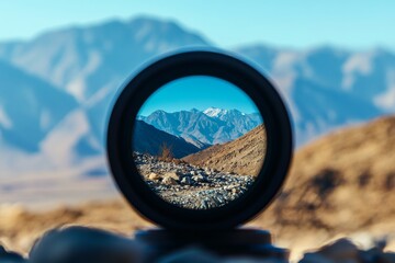 Lens View of Majestic Mountains - A telescopic lens frames a breathtaking mountain range, symbolizing adventure, exploration, perspective, discovery, and vastness.