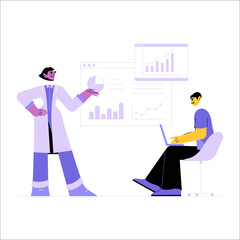 Male Professional With Data Analyst And Digital Charts In Flat Vector Illustration Symbolizing Analytics, Business Insights, And Planning, Isolated On White Background.