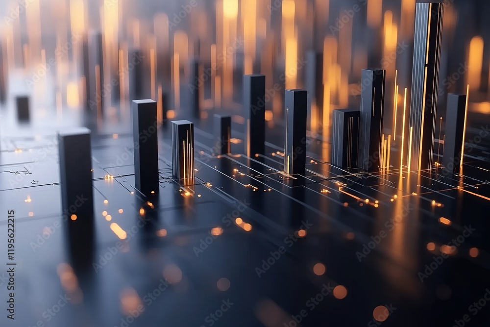 Fototapete a modern, tech-inspired visual showcases sleek 3d bar graphs and vibrant data points in matte black 
