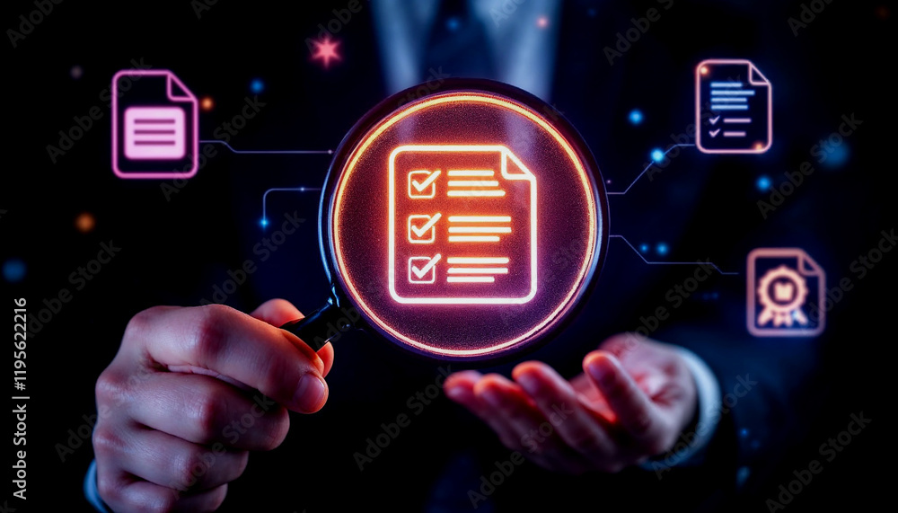 Poster close-up of a checklist scrutinized with a magnifying glass