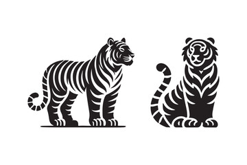 Elegant Tiger Silhouette Set in Black and White Vector Art