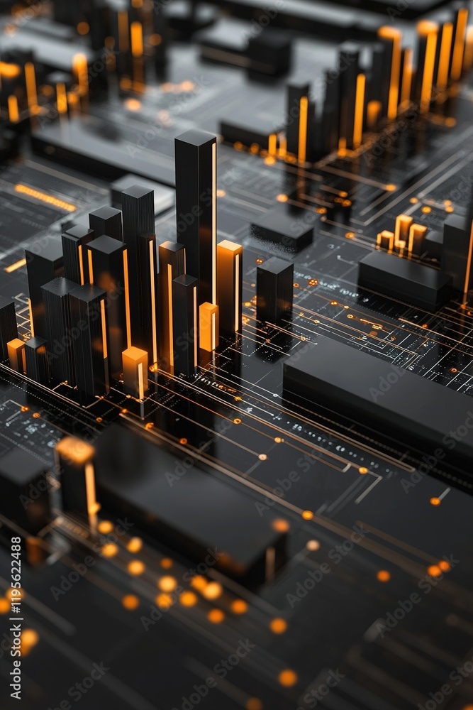 Poster This dynamic tech-inspired design showcases 3D bar graphs and floating data points in a matte black and metallic style. Soft glowing accents illuminate the scene