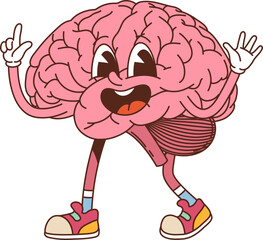 Cartoon groovy human brain character. Vector happy anatomy medicine and human body retro personage with cheerful expression, embodies creativity, intelligence, and positive energy, intellect and idea