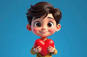 Cartoon boy child holding a mock-up of a heart on a blue background. Concept of health, Valentine's Day.
