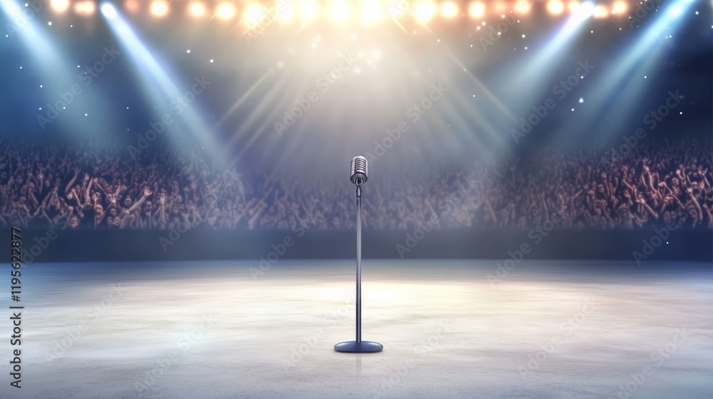 Fototapete vintage microphone stands on empty stage illuminated by spotlights, ready for singer or comedian to 
