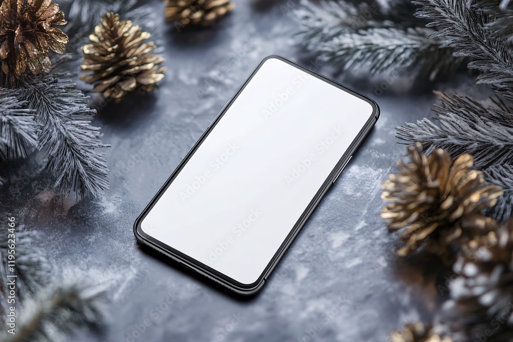 Poster Smartphone with blank screen showing on christmas background with pine cones and branches