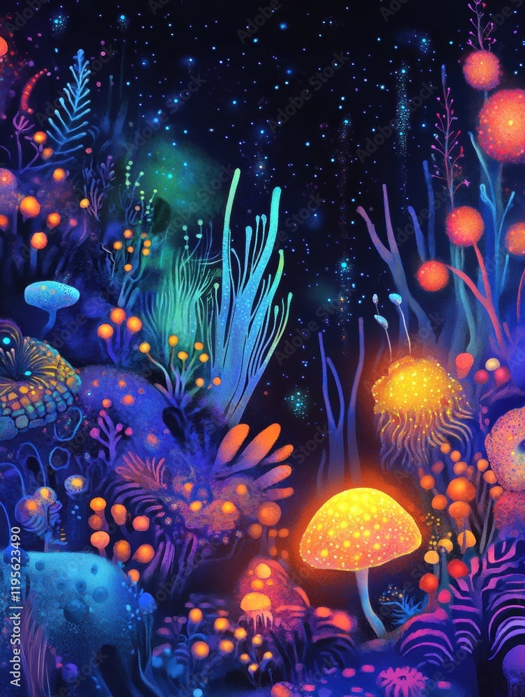 Poster exploring a vibrant microscopic ecosystem of friendly microbes glowing in deep colors. generative ai