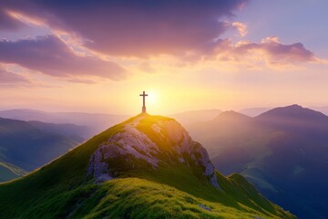 Majestic Cross Mountaintop Sunrise - A majestic cross stands atop a mountain, illuminated by a golden sunrise. Symbolizing faith, hope, peace, spirituality, and transcendence.