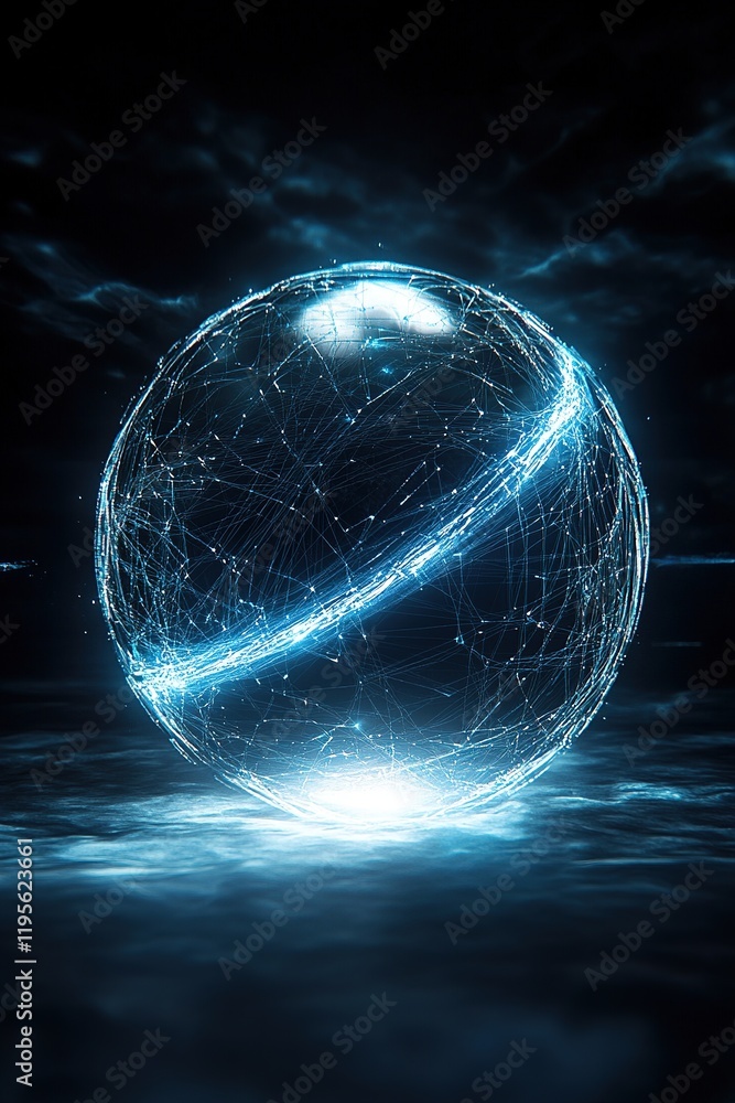 Aufkleber a glowing abstract globe made of neon blue and white wireframe elements hovers against a dark backdr