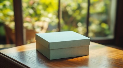 Light-blue gift box on wooden table, sunlit window background