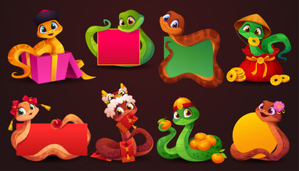 Asian horoscope cartoon snake characters with holiday banners and gifts celebrating festive Chinese Lunar New Year events. Cute reptiles with traditional Cny decorations, embodying joy and celebration