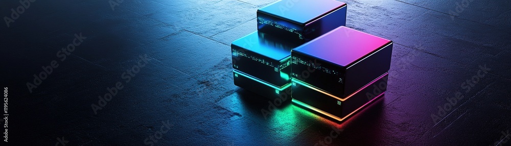 Poster abstract 3d composition features stacked server blocks illuminated with vibrant neon accents in shad