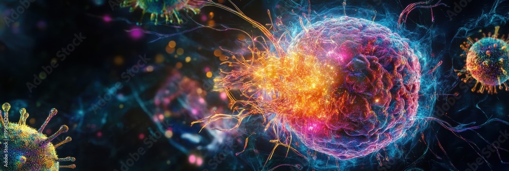 Poster magnified depiction of a human cell under attack by a virus highlighting cellular interactions in re