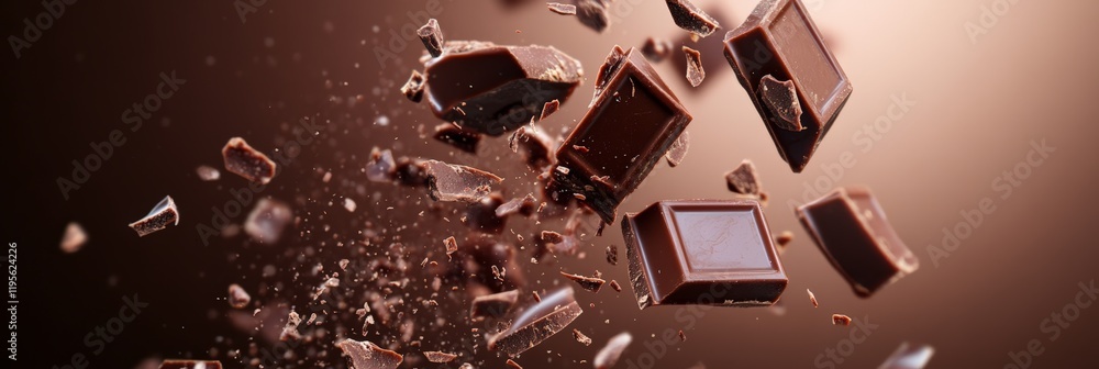 Poster Pieces of dark chocolate of various sizes are levitating against a blurred brown background, creating a visually appealing arrangement with crumbs scattered around