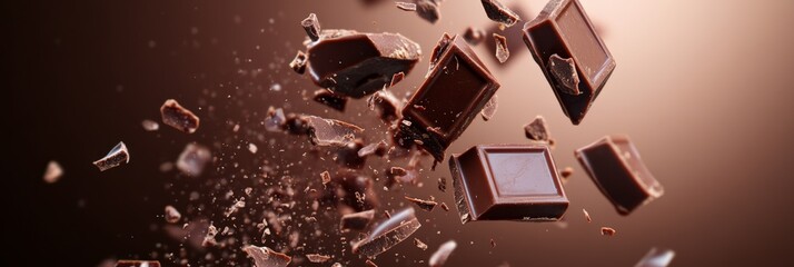 Pieces of dark chocolate of various sizes are levitating against a blurred brown background, creating a visually appealing arrangement with crumbs scattered around
