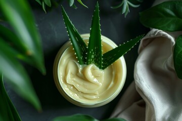 Open jar of organic aloe vera gel with fresh cut leaves for skin care
