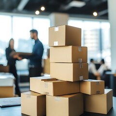 Fototapeta premium Efficient Business Procurement with Stacked Boxes and Professionals Engaged in Discussions