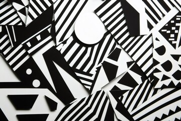 Geometric shapes and patterns in black and white are creating an abstract composition with a round white space in the center