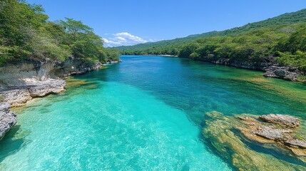 Serene turquoise river flowing through lush tropical landscape.