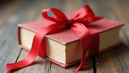 A festive book wrapped in elegant style with a red ribbon and bow, embodying the spirit of giving during International Book Giving Day.