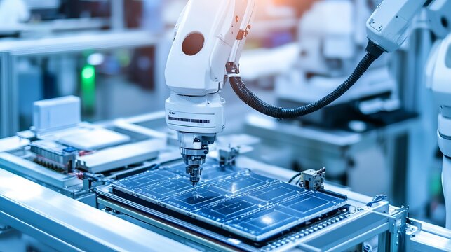 A robot managing automated inspection and sorting in a high-tech semiconductor assembly plant with clean, organized inspection stations and advanced sorting technology