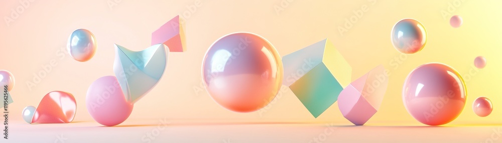 Poster glossy 3d geometric shapes such as spheres, cubes, and cones float against a soft gradient backdrop.