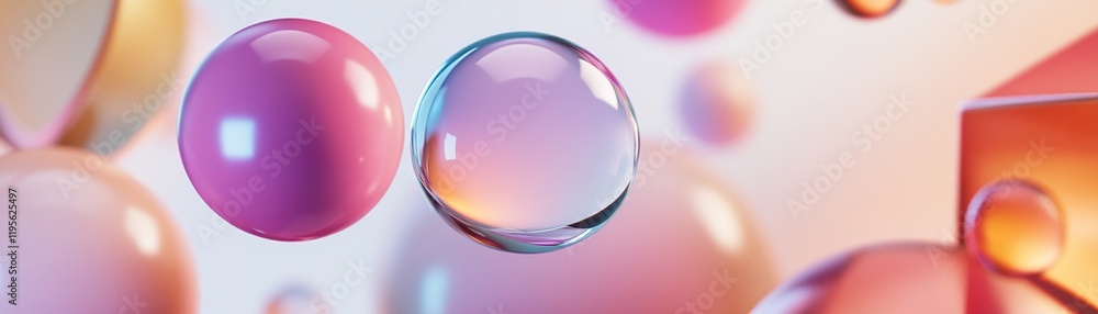 Poster this abstract background showcases a collection of glossy geometric shapes, including spheres and cu