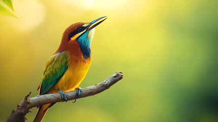 Obraz premium A colorful bird is perched on a branch in a lush green forest