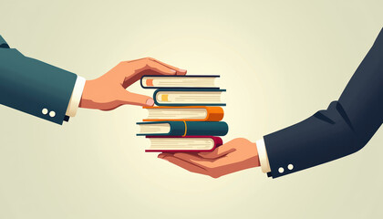 Illustration of hands exchanging books, representing the joy of sharing literature and promoting literacy on International Book Giving Day.