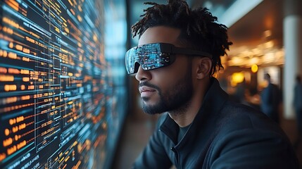 Man wearing futuristic glasses views digital data stream