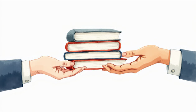 An artistic depiction of hands passing over a stack of books, symbolizing the importance of giving on International Book Giving Day and fostering community.