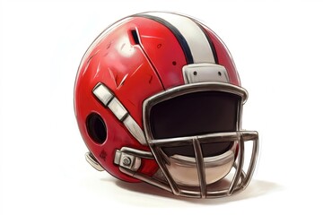 Fototapeta premium Cartoon drawing of a red scratched football helmet lying on a white background, representing safety and competition in American football