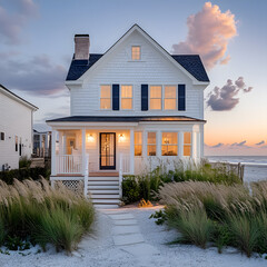 Charming coastal home at sunset, illuminated windows, beach setting.