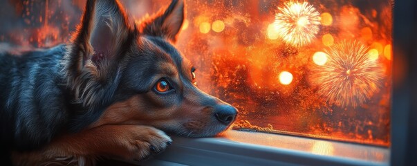 Dog watching fireworks through a cozy window on a festive night