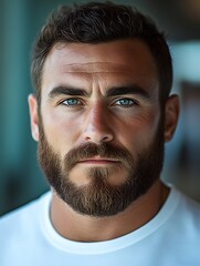 Obraz premium Intense Gaze: A Portrait of a Man with a Full Beard