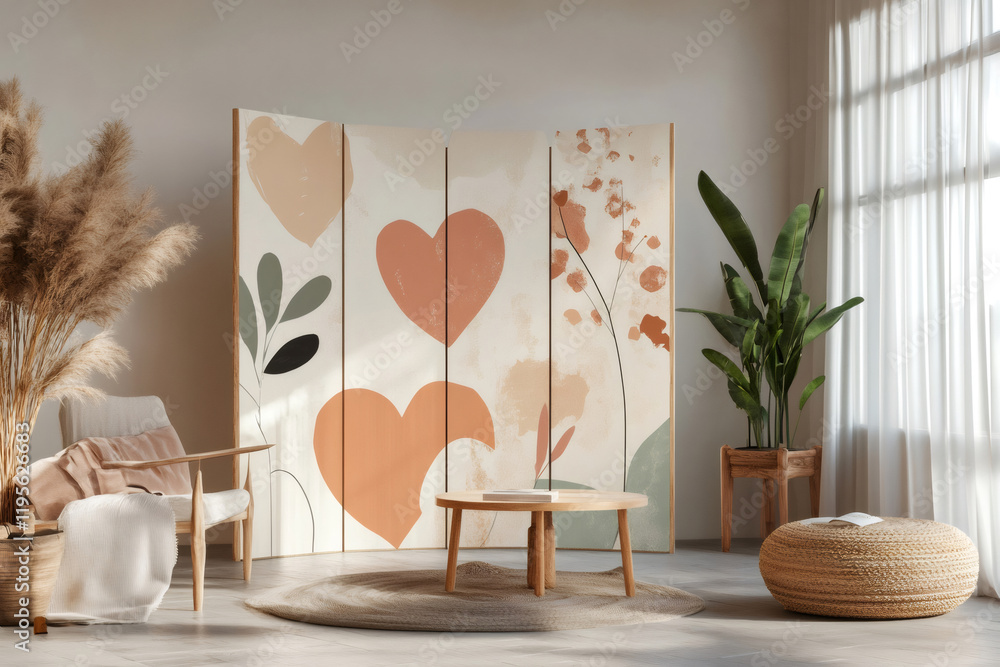 Poster stylish room featuring a folding screen with hearts and floral patterns, adding a touch of elegance 