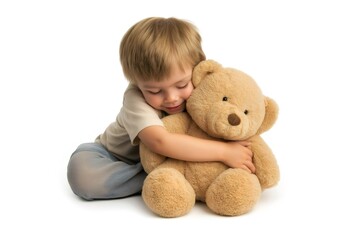 Little boy tenderly embracing his fluffy teddy bear, finding comfort and joy in its presence