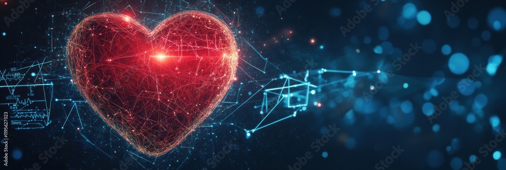 Poster glowing red heart with dynamic cardiogram background illustrating vitality and life at digital lands