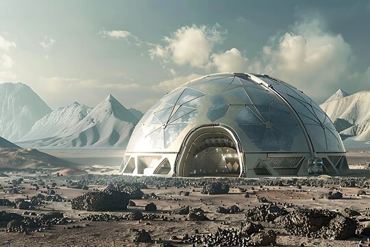 A futuristic geodesic dome habitat sits on a barren, rocky Martian landscape, under a cloudy sky, near snowcapped mountains. It suggests potential for human colonization of other planets. - Powered by Adobe
