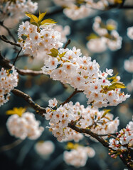 Obraz premium Korean independence movement day podium background, Blossom and resilience: A dark wooden podium surrounded by blooming white cherry blossoms, A faint silhouette of historical monuments