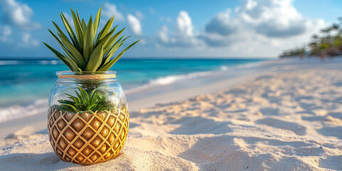 Obraz premium Transparent glass jar with green plant inside on the beach and beautiful sky background 