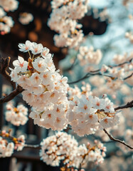 Obraz premium Korean independence movement day podium background, Blossom and resilience: A dark wooden podium surrounded by blooming white cherry blossoms, A faint silhouette of historical monuments