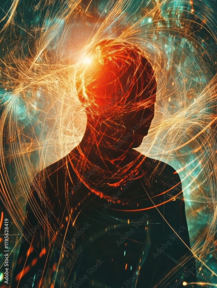Poster surrounded by swirling lines and abstract shapes, a person reflects in a vibrant, colorful environme