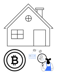 House with window and door, Bitcoin symbol, credit card, and person holding magnifying glass examining currency. Ideal for real estate, cryptocurrency, digital transactions, investments, financial