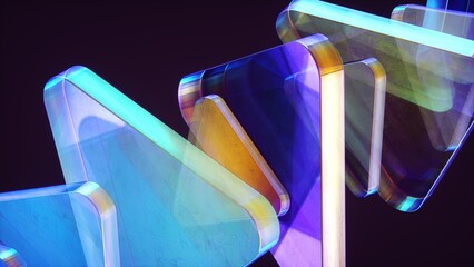 Abstract wallpaper background with glass elements with multicolored light emitters shimmering neon holographic gradient. Visual design element for banner, poster header or cover.