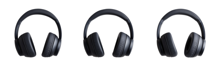 Three black over-ear headphones on a transparent background png (2)