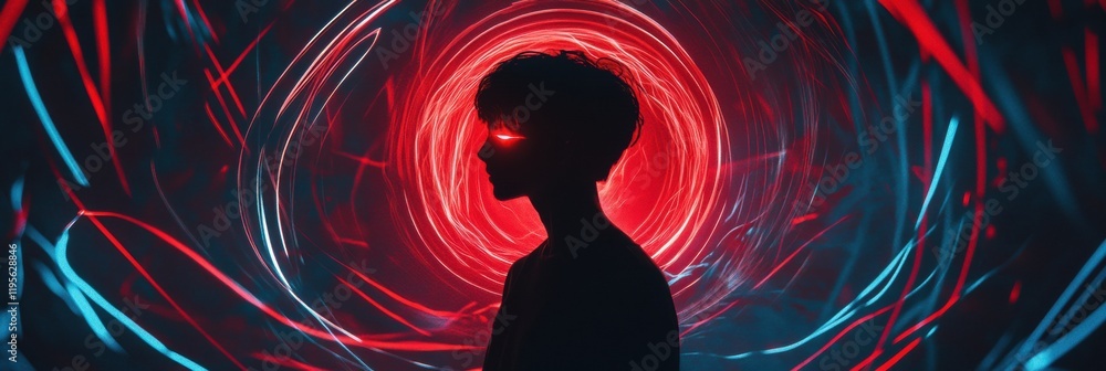 Leinwandbilder person in profile surrounded by swirling lines and vibrant colors in a dynamic abstract setting at n