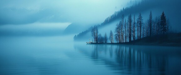 Fototapeta premium Misty lake with trees reflecting in calm water at dawn.