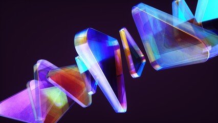 Abstract wallpaper background with glass elements with multicolored light emitters shimmering neon holographic gradient. Visual design element for banner, poster header or cover.