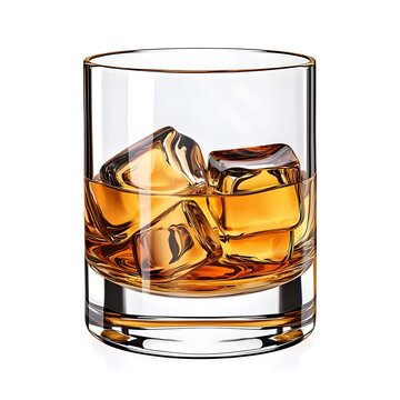 A glass of liquor with ice cubes in it